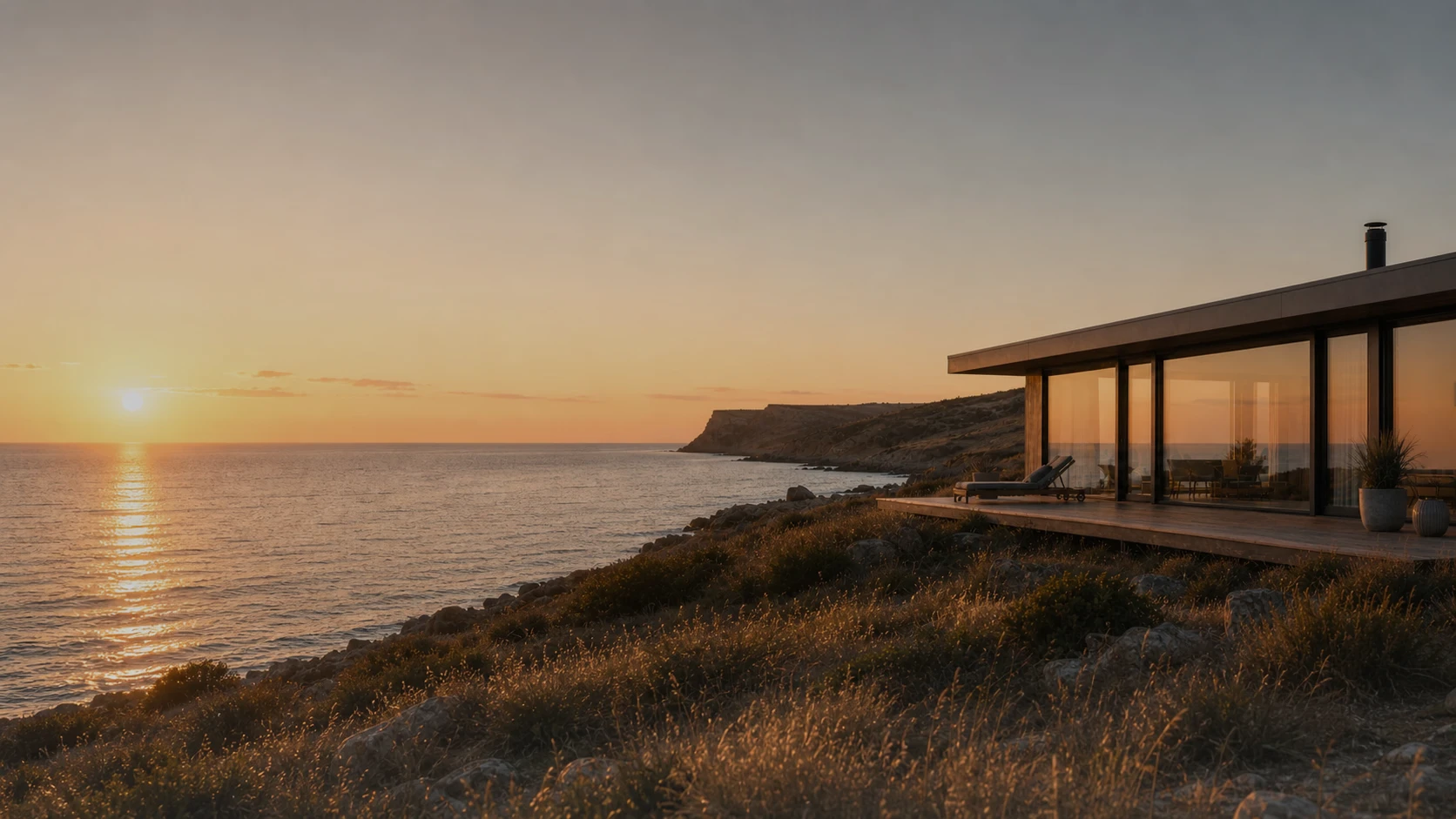 Sunset view from a luxury house with infinity pool